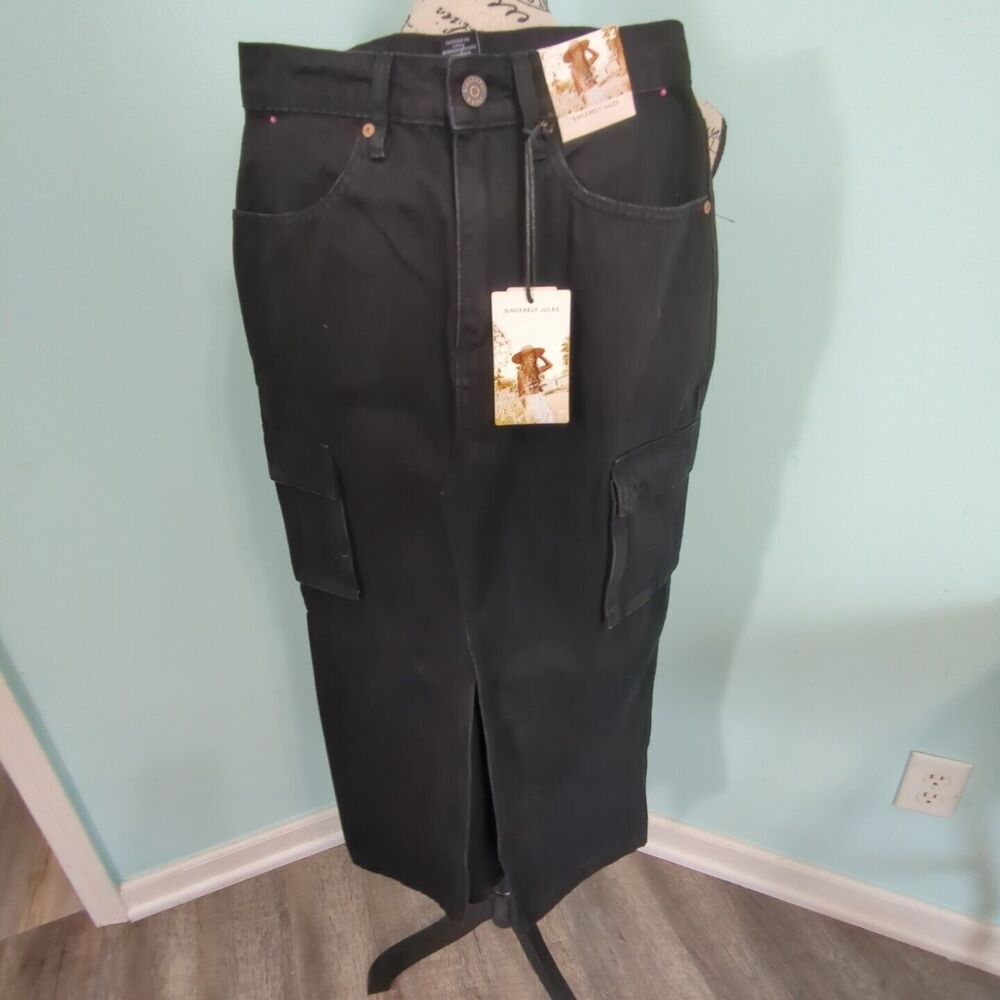 Sincerely Jules Women’s Black Front Slit Cargo Maxi Denim Skirt 3/25 NWT grunge